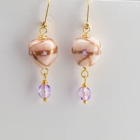 Image 1 of Heart Glass Dangle Earrings, Purple and Peach with Shimmer