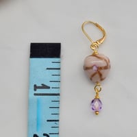 Image 2 of Heart Glass Dangle Earrings, Purple and Peach with Shimmer
