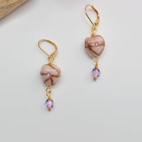 Image 3 of Heart Glass Dangle Earrings, Purple and Peach with Shimmer