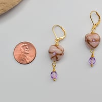 Image 4 of Heart Glass Dangle Earrings, Purple and Peach with Shimmer