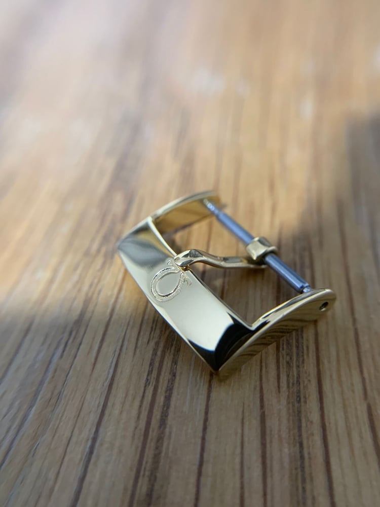 Image of omega Yellow gold plated engraved watch strap buckle,sizes -18mm.NEW