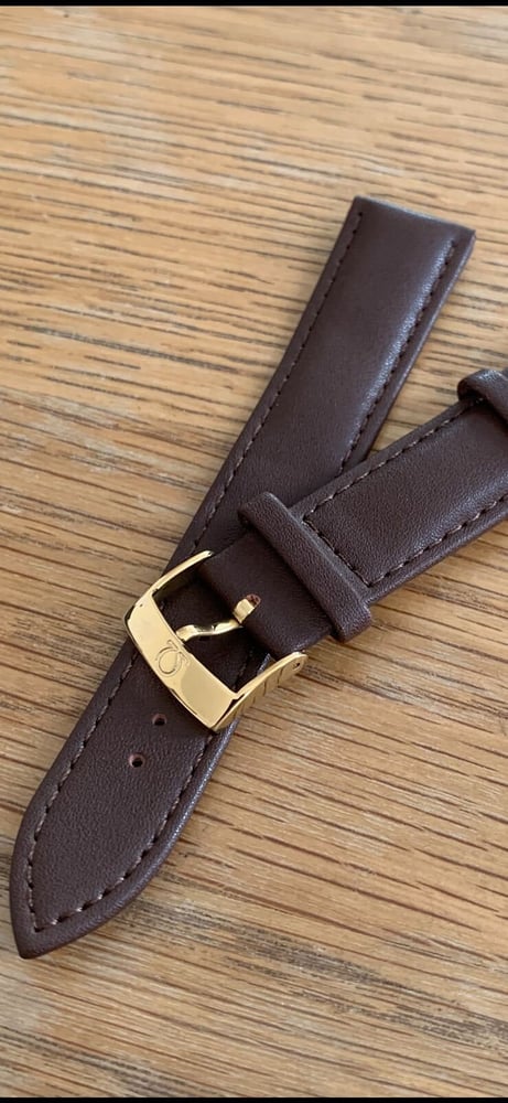 Image of omega,Top quality plain gents watch leather strap,brown 20mm.omega engraved Gold Plated buckle,New