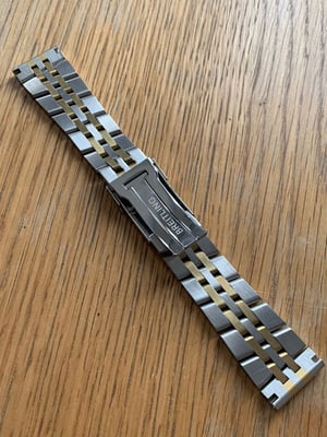 Image of Heavy duty breitling 2/tone stainless steel/gold gents watch strap,20mm,straight lugs,new