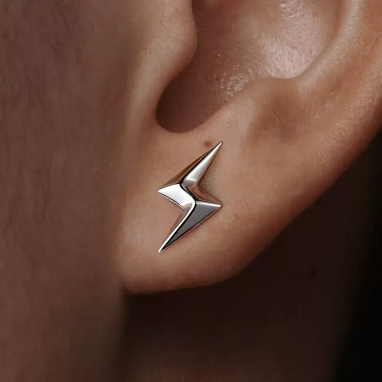 Mens Chunky Lightning Bolt 3D Earrings (925 Silver) BowieGallery