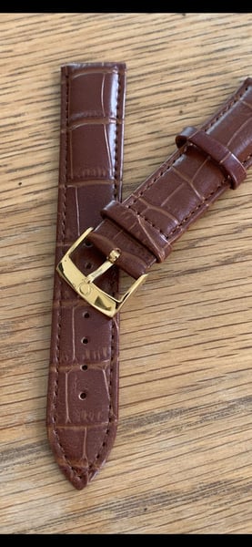 Image of omega,Top quality CROC style BROWN gents watch leather strap 20mm.engraved Gold Plated
