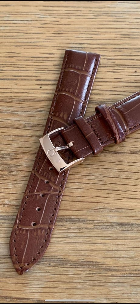 Image of omega,Top quality CROC style BROWN gents watch leather strap,18mm/20mm engraved Rose Gold