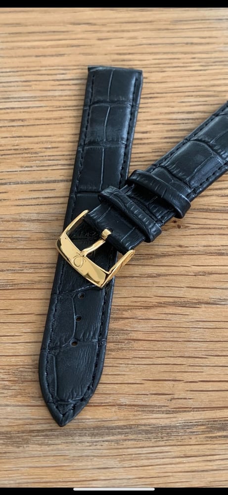 Image of omega,Top quality CROC style BLACK gents watch leather strap 20mm.omega engraved Gold plated buckle