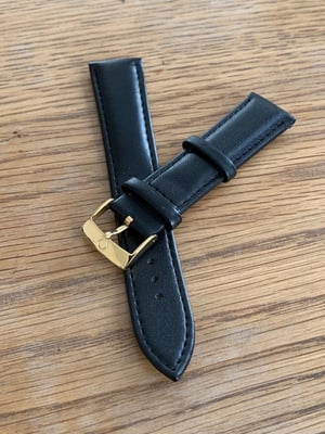 Image of omega,Top quality plain gents watch leather strap,BLACK. 20mm engraved Yellow gold plated buckle