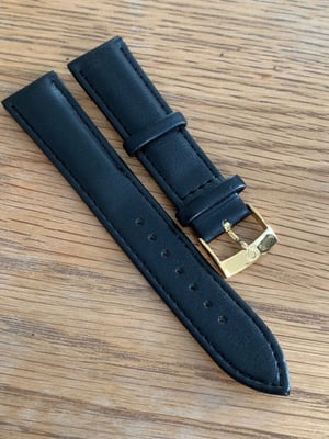 Image of omega,Top quality plain gents watch leather strap,BLACK. 20mm engraved Yellow gold plated buckle