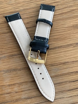 Image of omega,Top quality plain gents watch leather strap,BLACK. 20mm engraved Yellow gold plated buckle