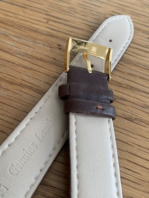 Image of omega,Top quality plain gents watch leather strap,brown 20mm.omega engraved Gold Plated buckle