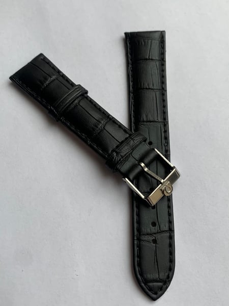 Image of genuine omega BLACK leather strap,vintage used clean stainless steel buckle attached 20mm.