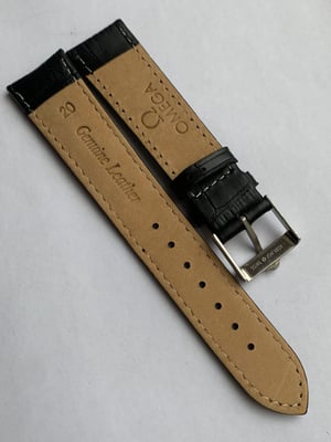Image of genuine omega BLACK leather strap,vintage used clean stainless steel buckle attached 20mm.
