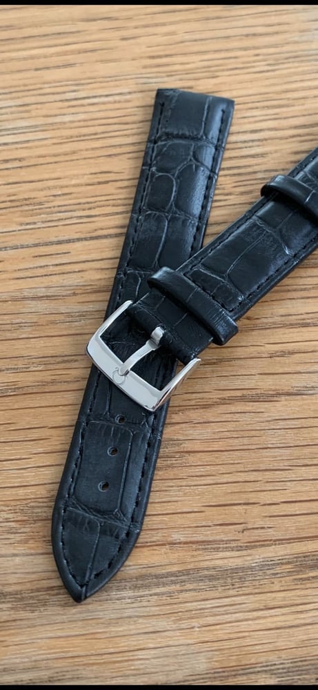 Image of omega,Top quality CROC style BLACK gents watch leather strap 18mm/20mm. engraved S/STEEL buckle