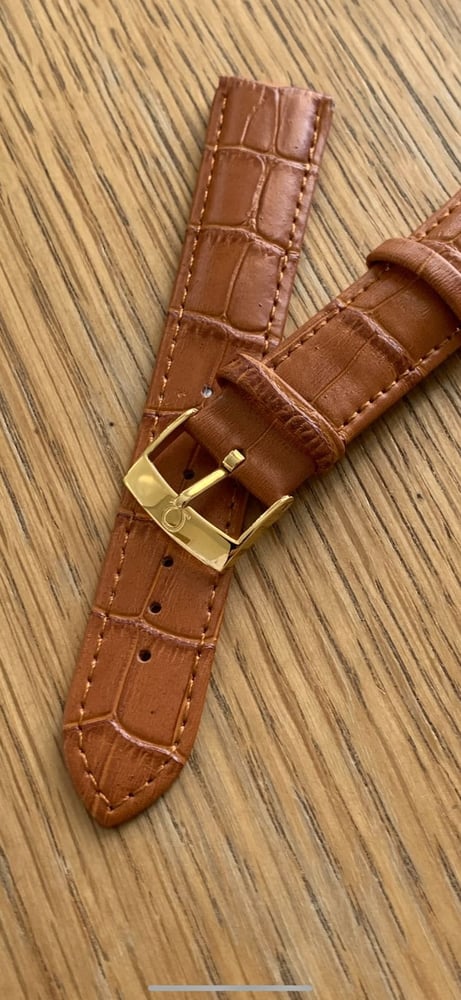 Image of omega,Top quality CROC style TAN/ORANGE Brown leather strap 20mm engraved Yellow gold plated buckle