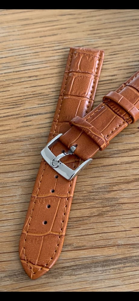 Image of omega,Top quality CROC style TAN/ORANGE Brown leather strap, 18mm/20mm Horse Shoe S/steel buckle.