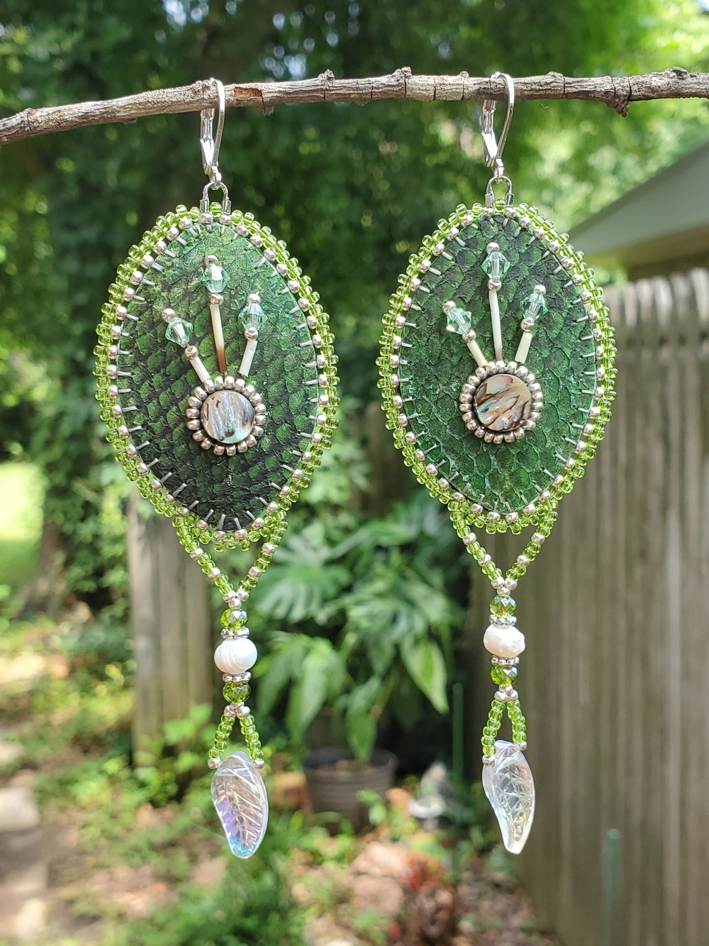 Image of Green with Envy Salmon Skin Earrings with Abalone, Quills, Pearls