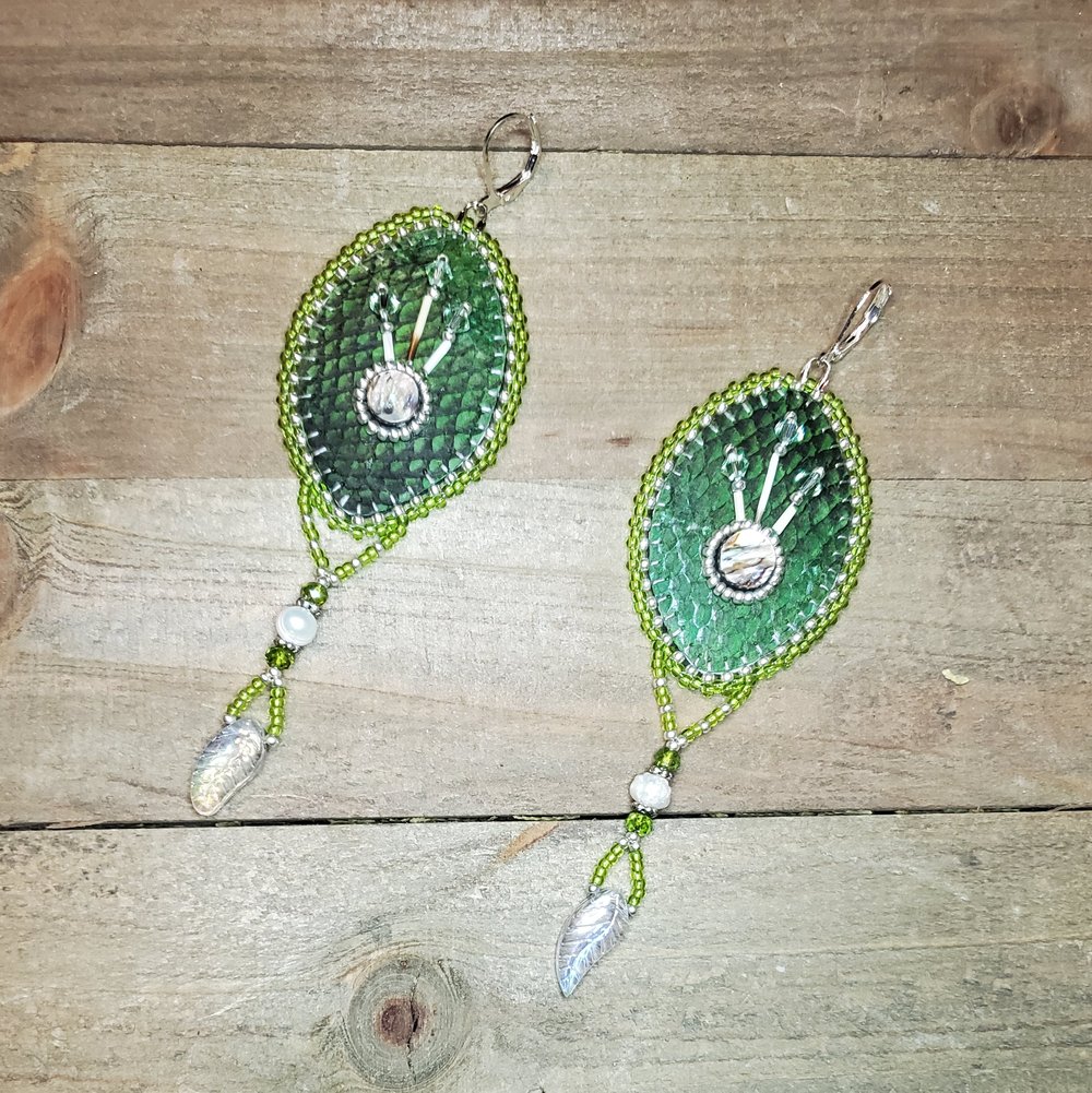 Image of Green with Envy Salmon Skin Earrings with Abalone, Quills, Pearls