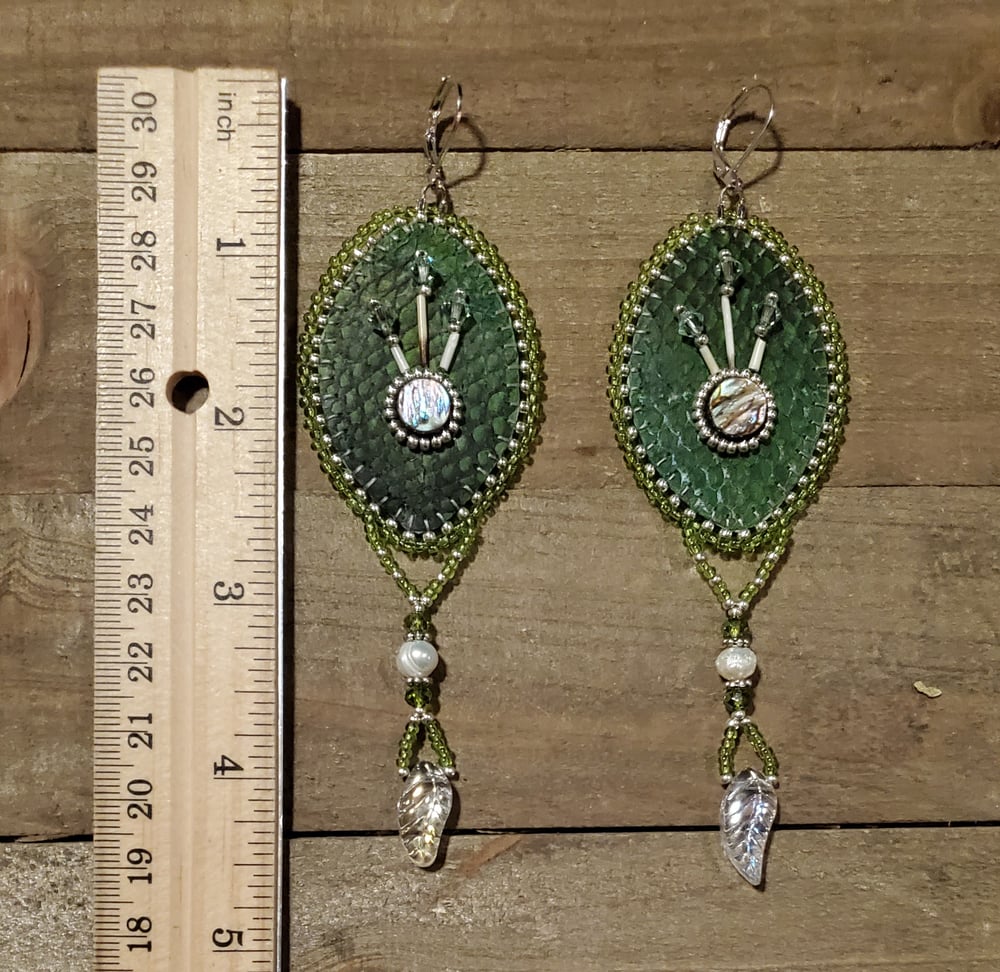 Image of Green with Envy Salmon Skin Earrings with Abalone, Quills, Pearls