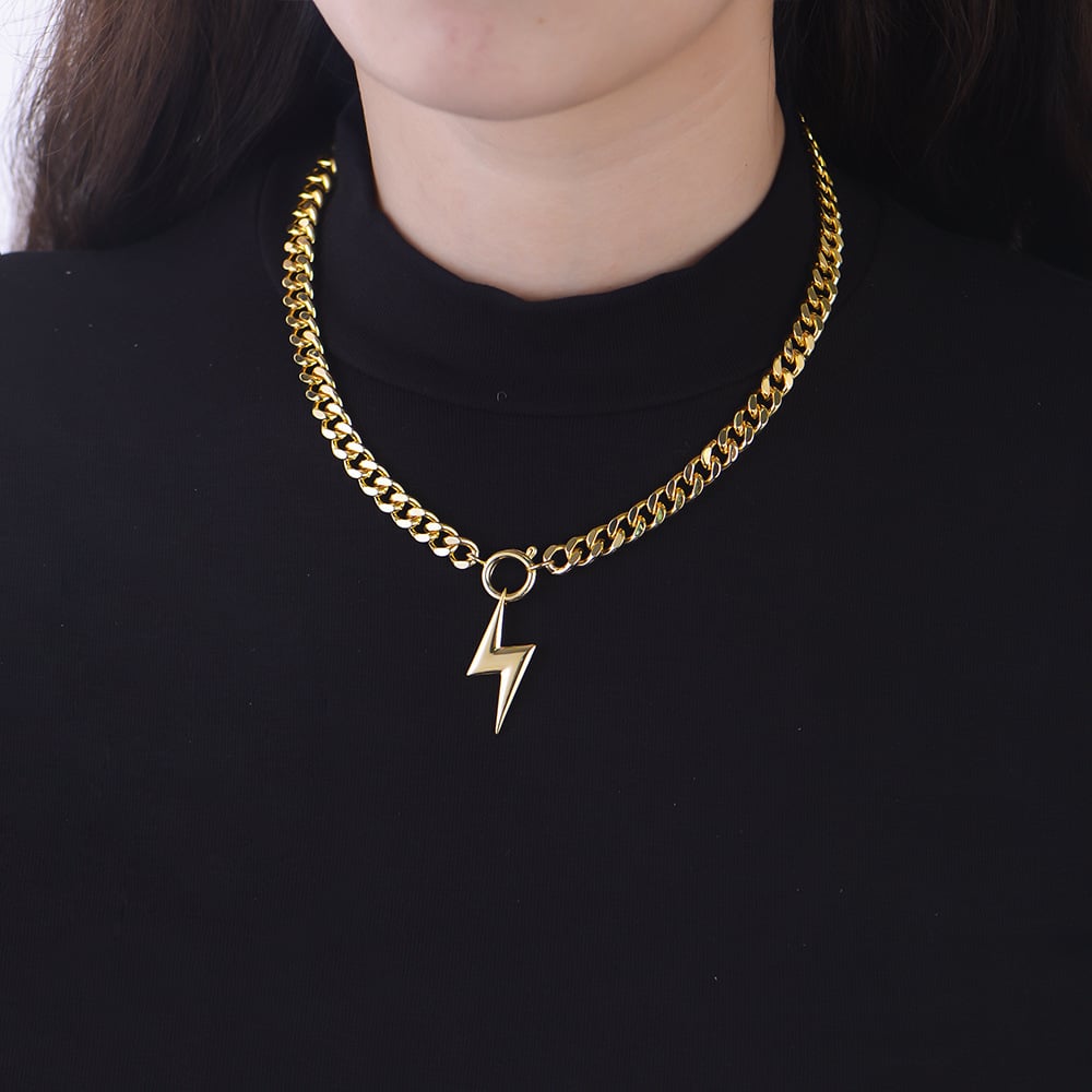 Chunky Cuban Chain Lightning Bolt Necklace (Silver or Gold)