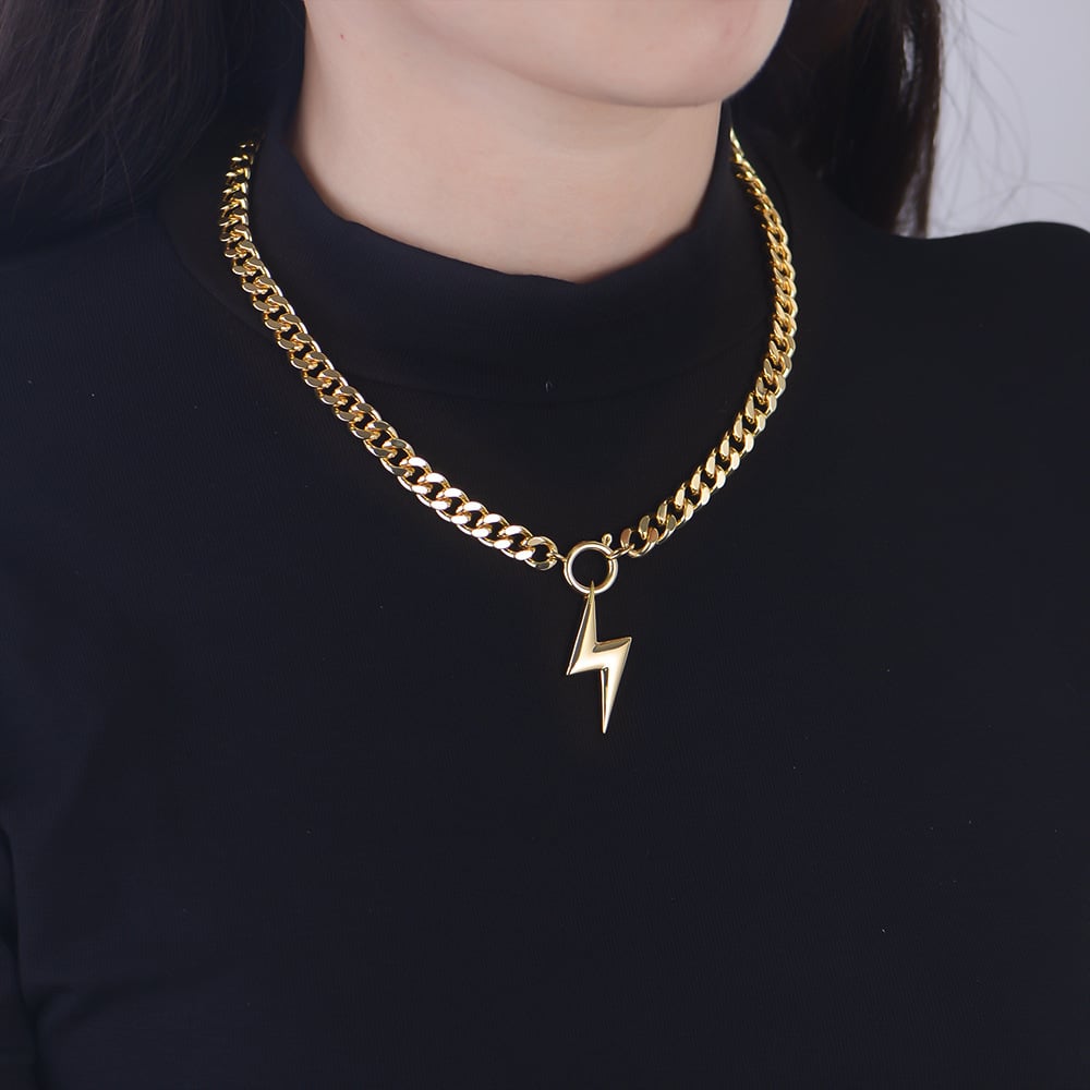 Chunky Cuban Chain Lightning Bolt Necklace (Silver or Gold)