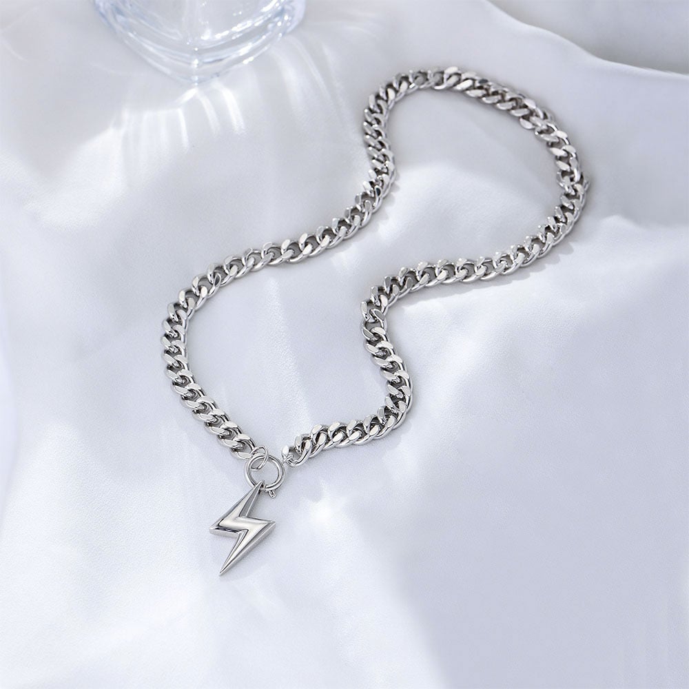 Chunky Cuban Chain Lightning Bolt Necklace (Silver or Gold)