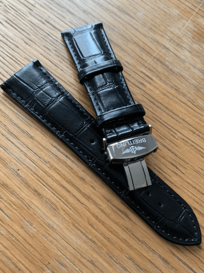 Image of Breitling Black 24mm solid DEPLOYMENT Water Proof Premium Leather Strap in Black For Breitling Watch
