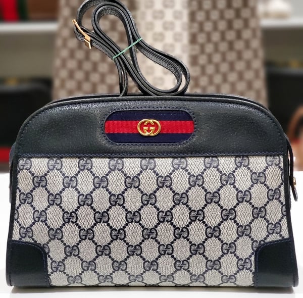 Image of Vtg Gucci Blue Monogram Shoulder Bag.