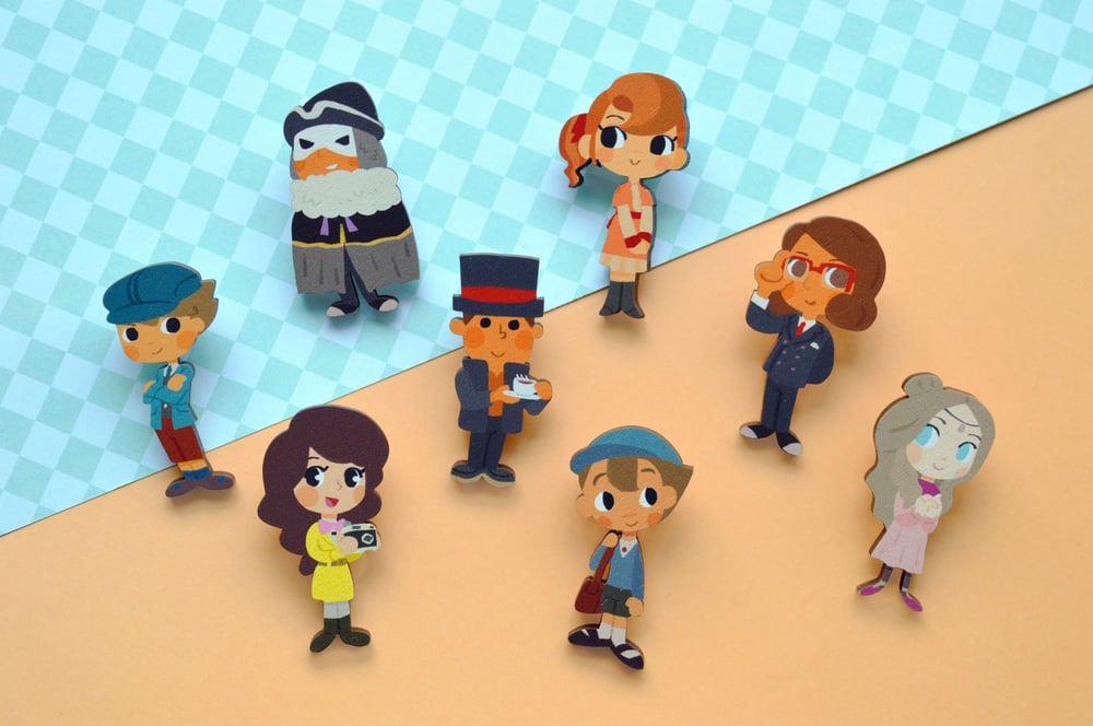 Image of Professor Layton Wooden Pins / Stickers