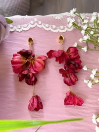 Image 1 of Oversized Burgundy Flower Dangles (Gold)