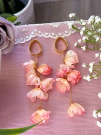 Image 4 of Oversized Sunset Pink Flower Dangles (Gold)
