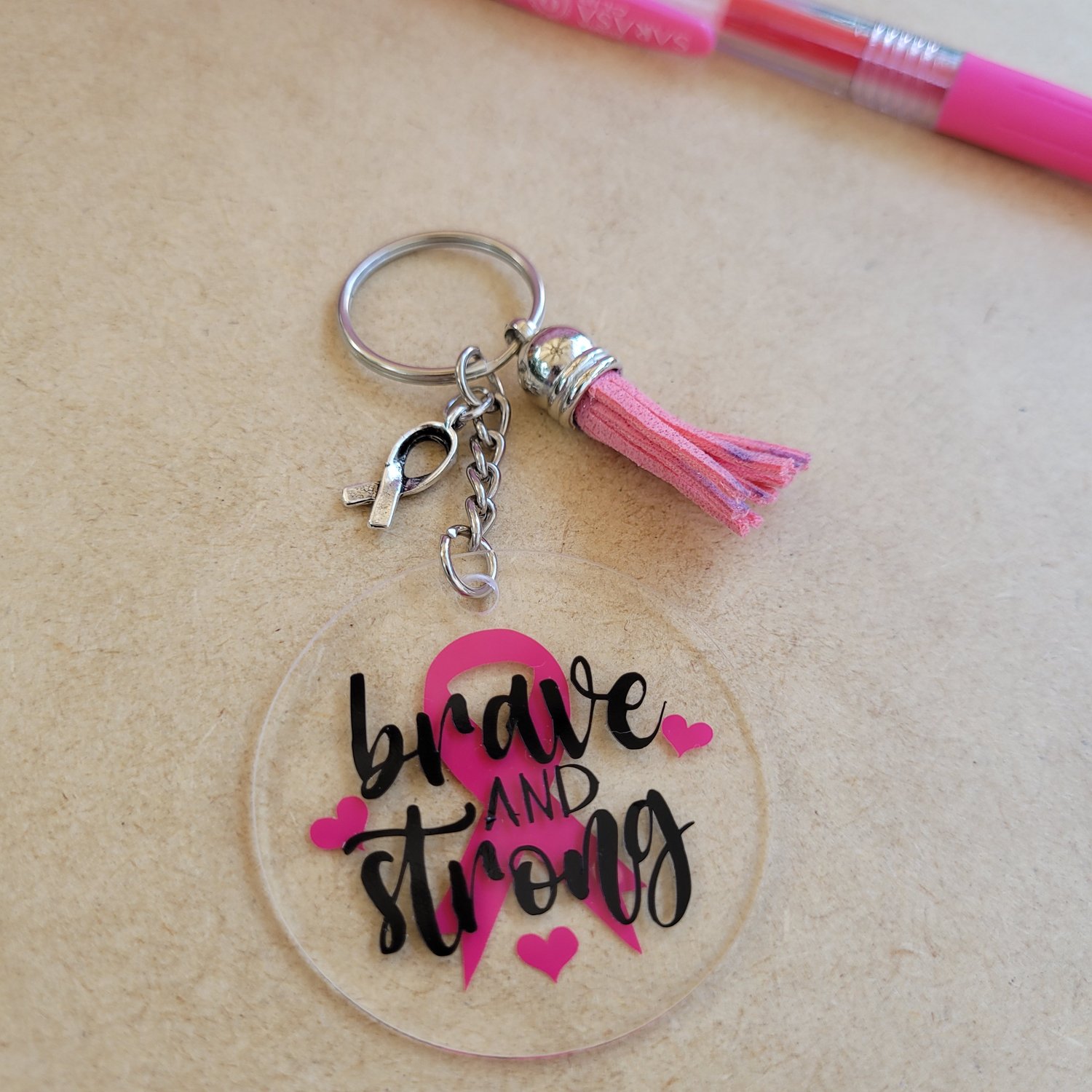 Image of Breast Cancer Keychain with Tassel & Charm