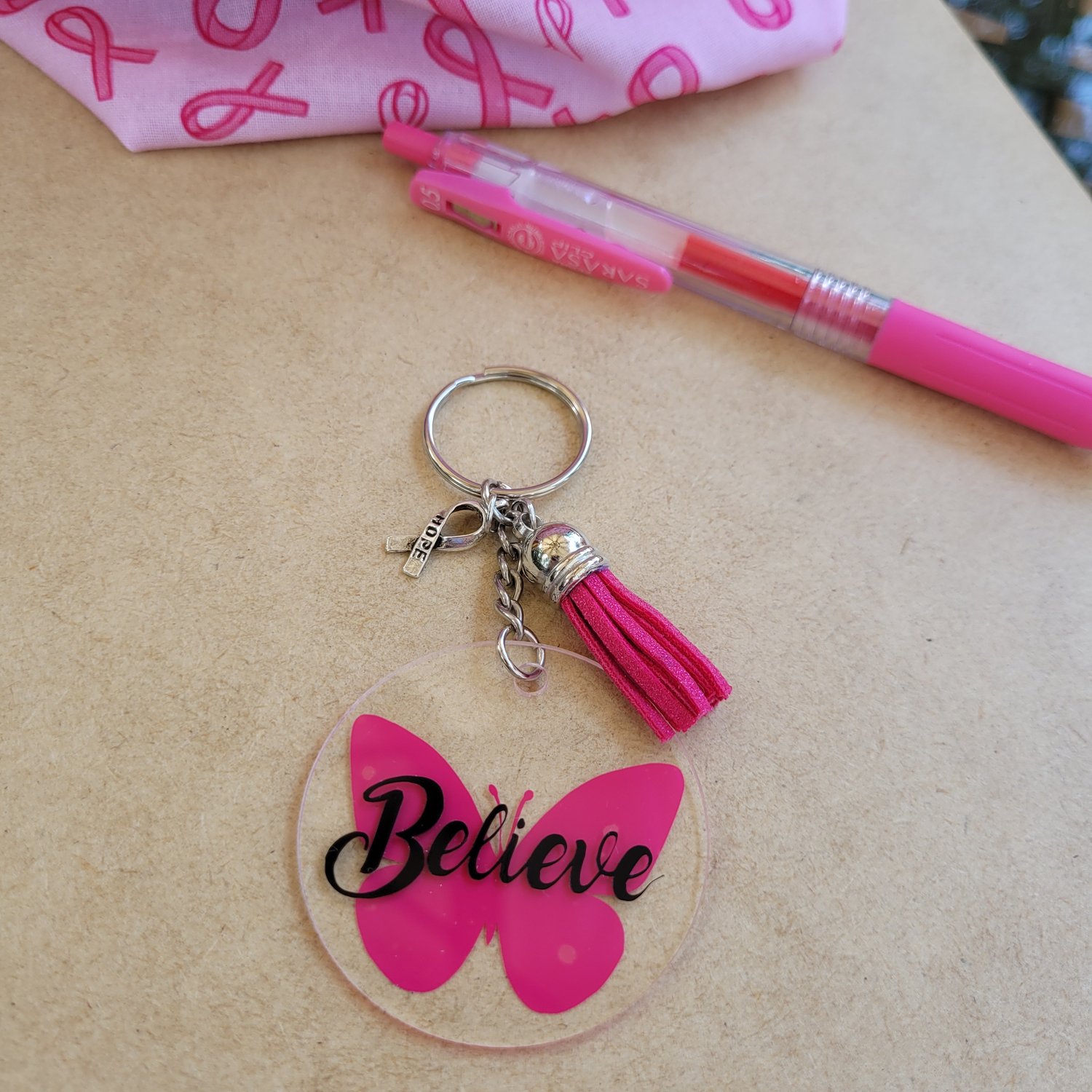 Image of Breast Cancer Keychain with Tassel & Charm