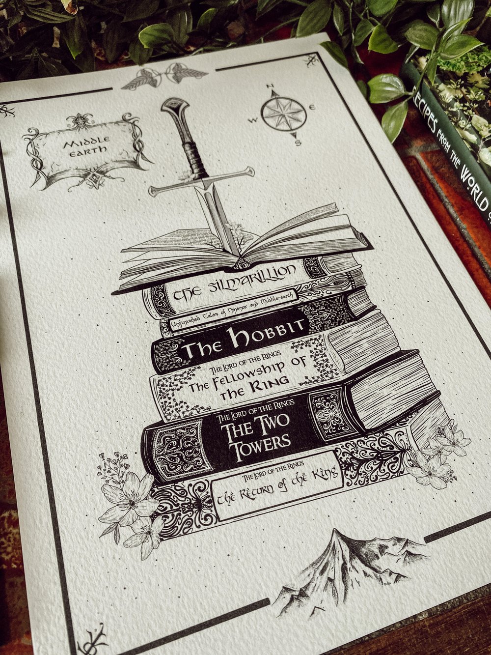 Tolkien inspired hand drawn book stack illustration print