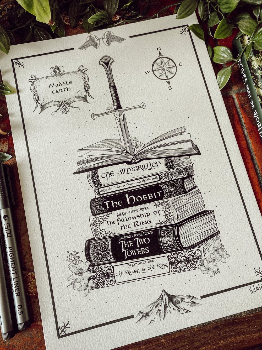 Tolkien inspired hand drawn book stack illustration print