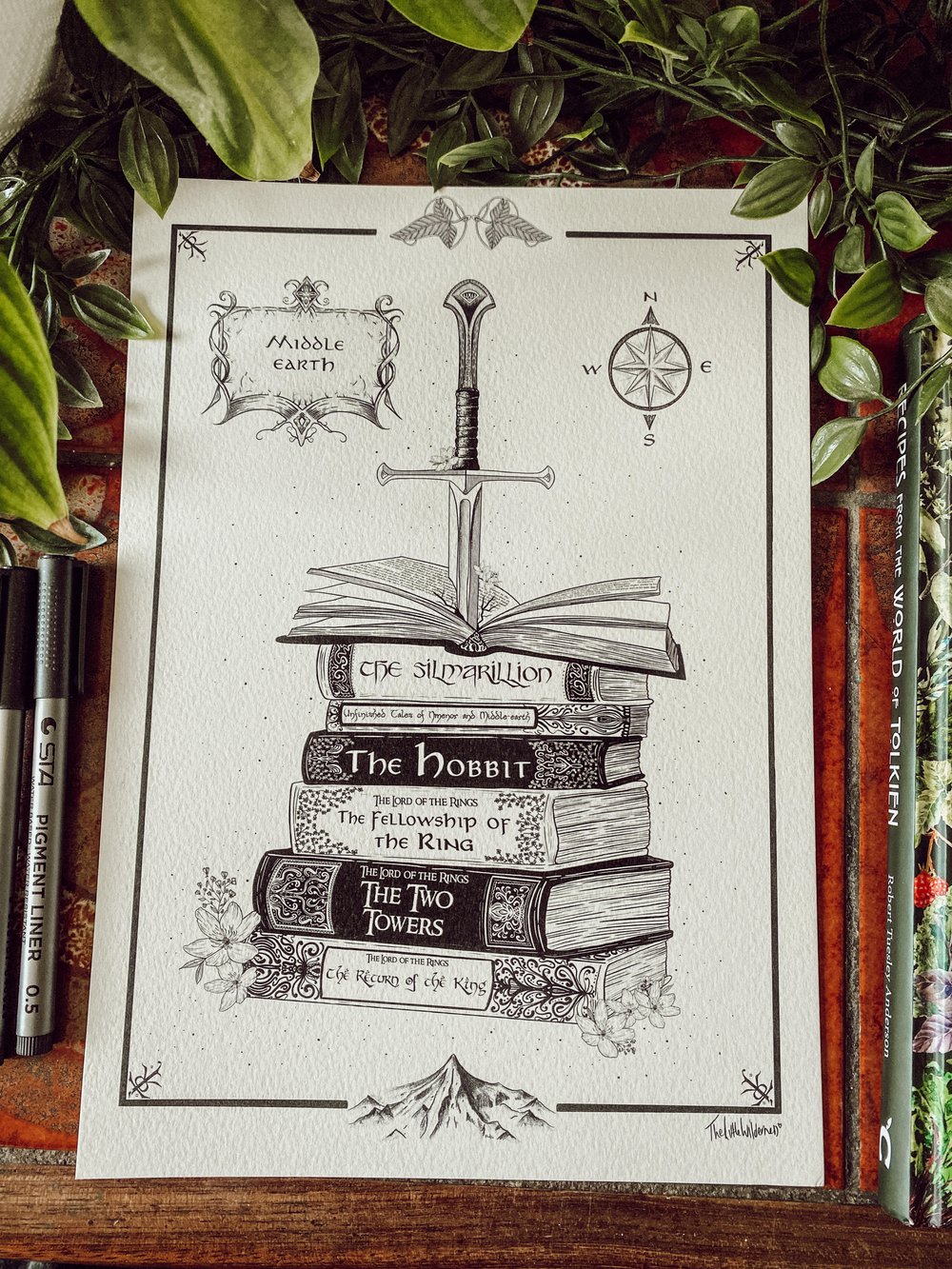 Tolkien inspired hand drawn book stack illustration print