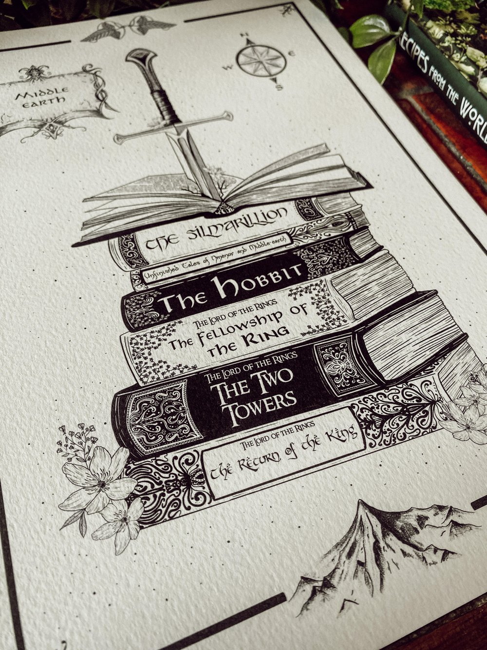 Tolkien inspired hand drawn book stack illustration print