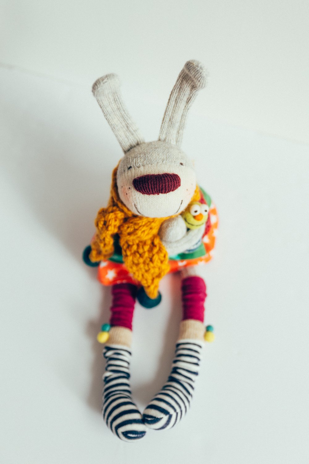 Image of Ginger - Wool Filled Sculpted Sock Bunny with removable clothing and little pet thing