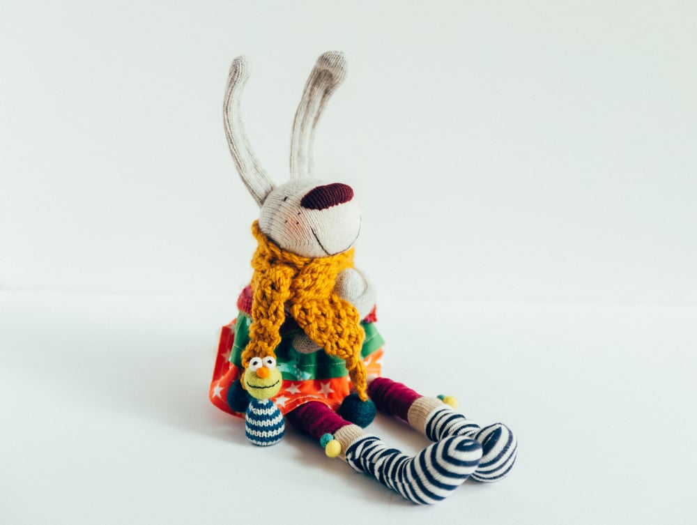 Image of Ginger - Wool Filled Sculpted Sock Bunny with removable clothing and little pet thing