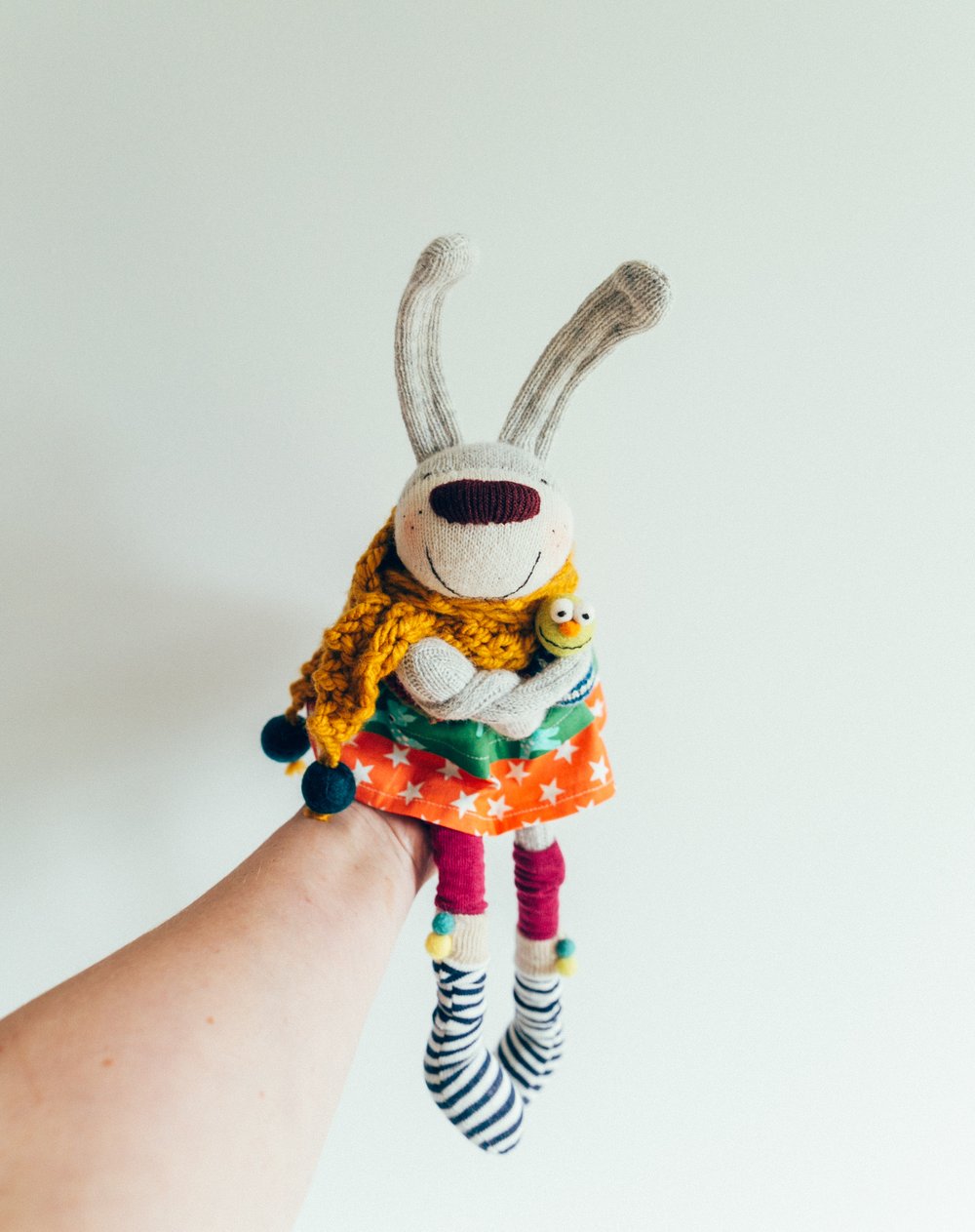 Image of Ginger - Wool Filled Sculpted Sock Bunny with removable clothing and little pet thing