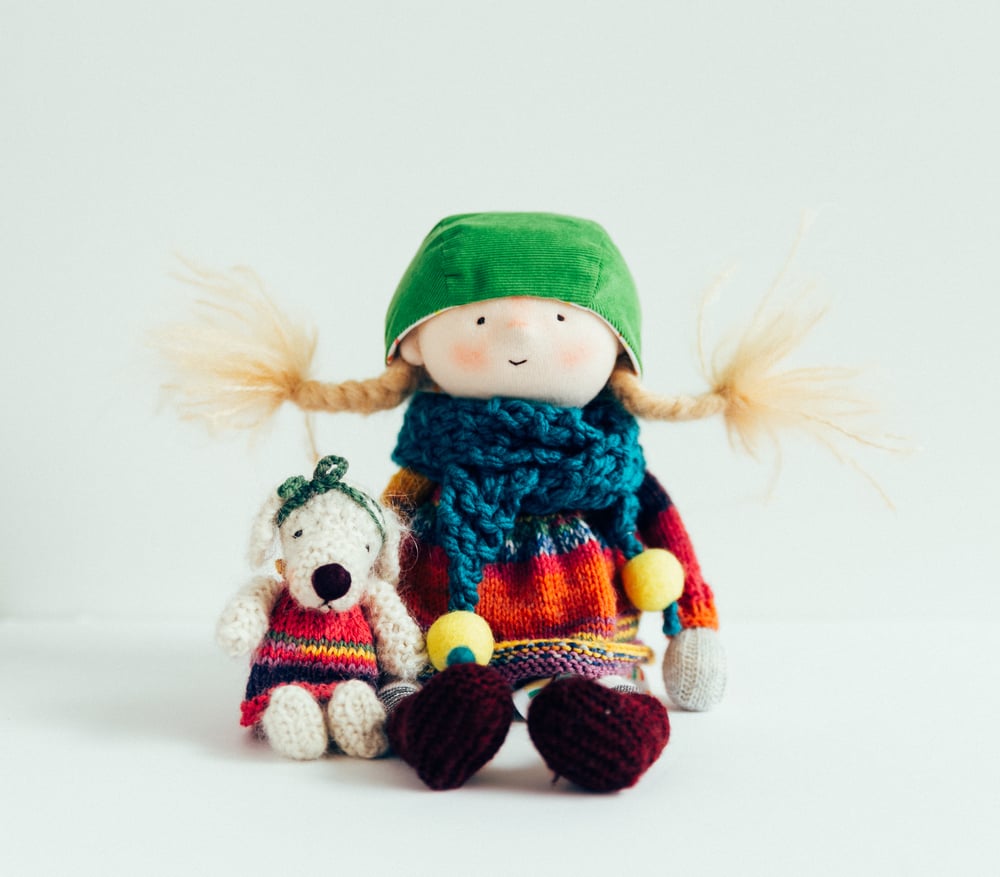 Image of Aoife and Boo - Wool Filled Sculpted Sock Doll with Puppy - Removable Clothing, Mohair Dog