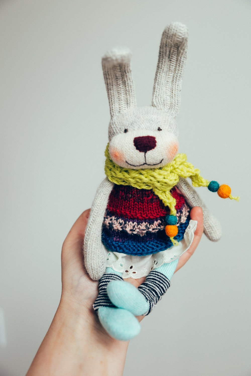 Image of Mimi - Miniature Wool Filled Sculpted Sock Bunny with removable dress and socks