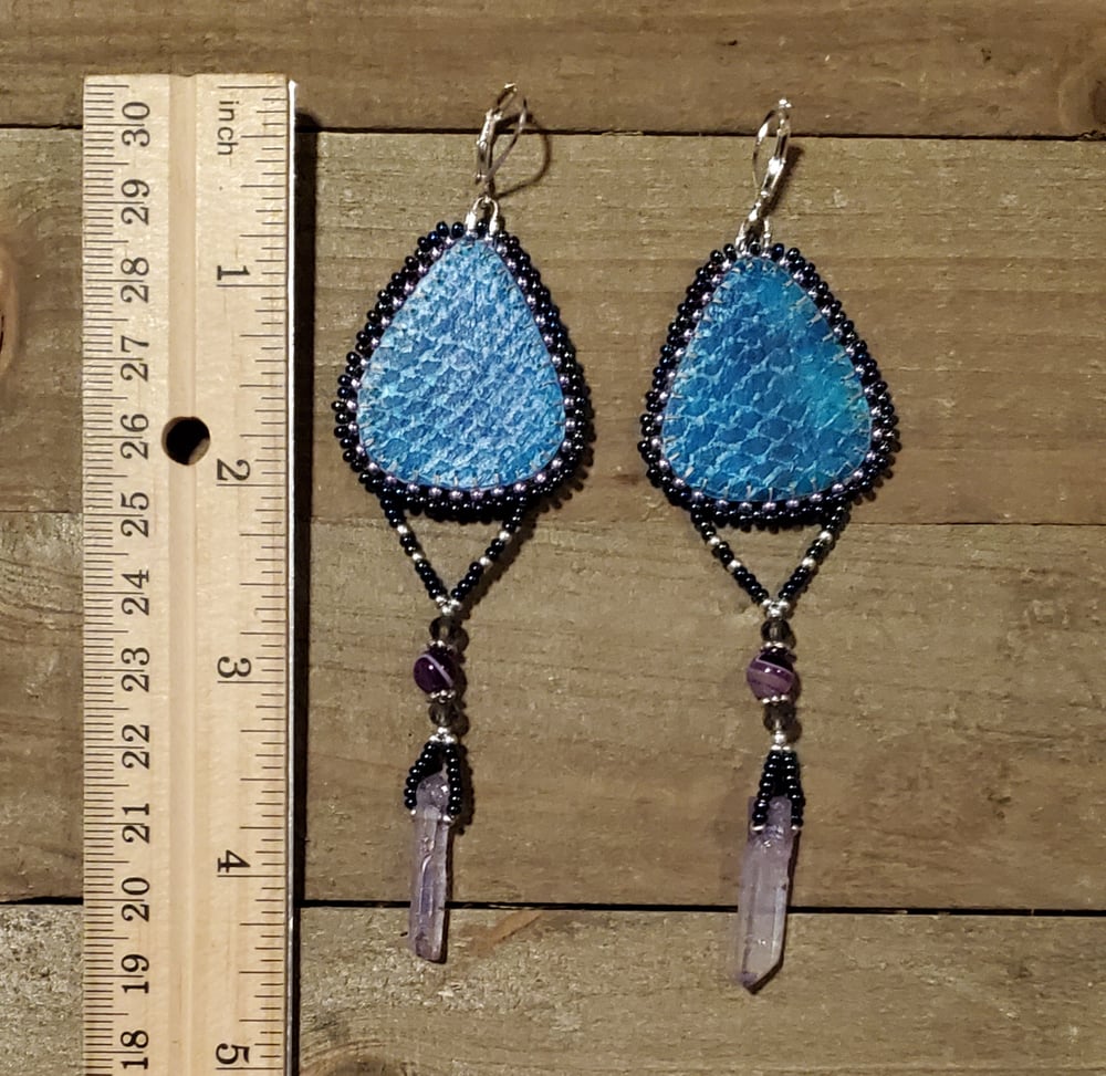 Image of Mystic Vibes Beaded Salmon Skin Earrings with Quartz Crystals & Agates 