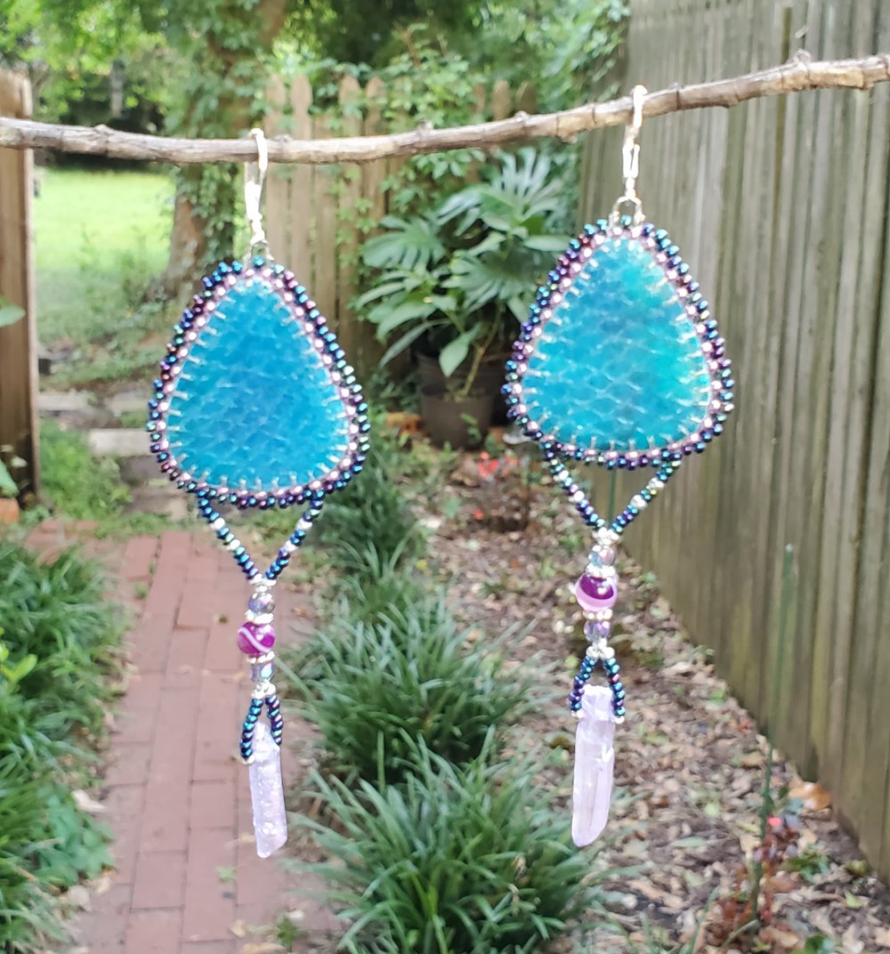 Image of Mystic Vibes Beaded Salmon Skin Earrings with Quartz Crystals & Agates 