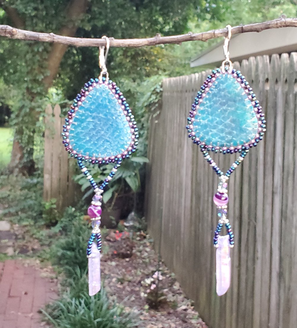 Image of Mystic Vibes Beaded Salmon Skin Earrings with Quartz Crystals & Agates 