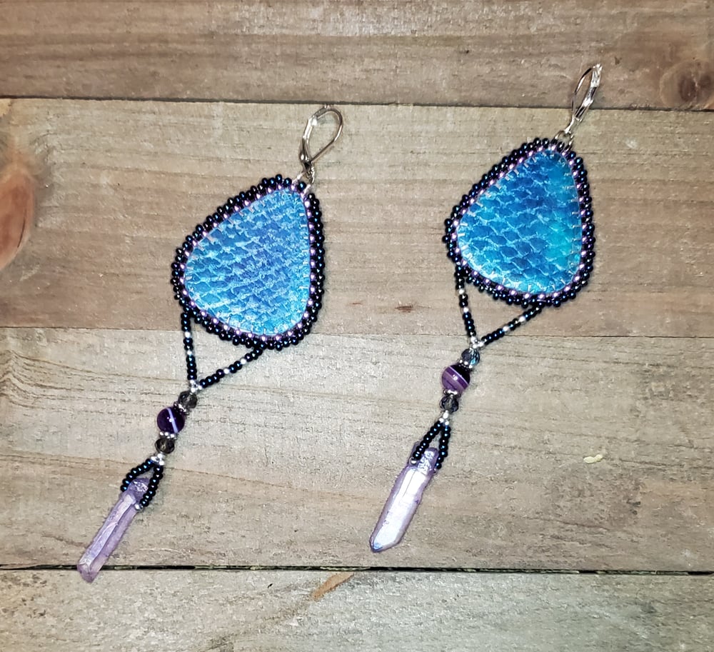 Image of Mystic Vibes Beaded Salmon Skin Earrings with Quartz Crystals & Agates 