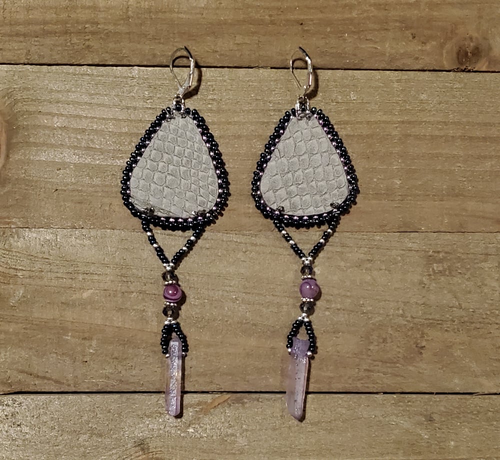 Image of Mystic Vibes Beaded Salmon Skin Earrings with Quartz Crystals & Agates 