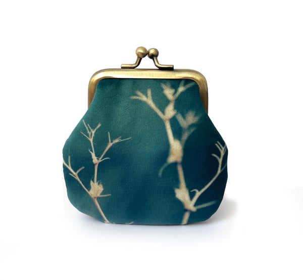 Image of Teal twiggery, velvet kisslock coin purse with plant-dyed lining