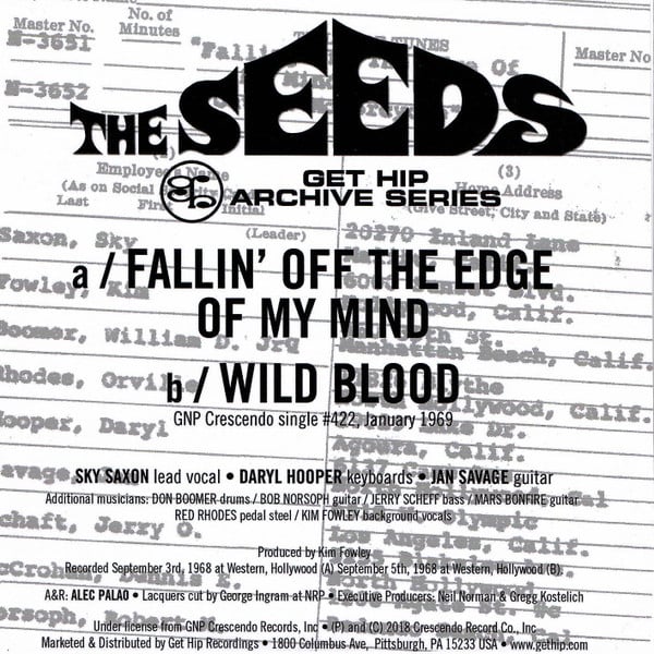 The Seeds – Fallin' Off The Edge Of My Mind / Wild Blood, 7" VINYL, NEW