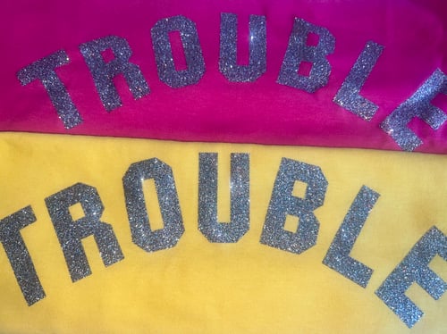 Image of New Trouble Tee Fuschia 🩷🩶silver multi glitter 🩷🩶💜